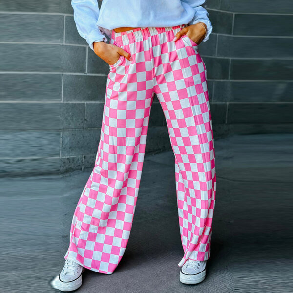 Spring New Chessboard Plaid Printed Casual All-match Loose Wide-leg Pants - Image 3