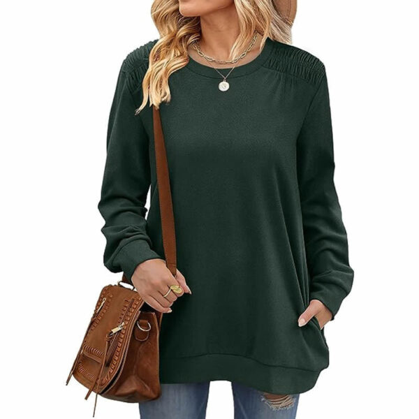Fashion Long Sleeve Pullover Sweatshirt With Pockets Casual Loose Solid Color Top Womens Clothing - Image 2