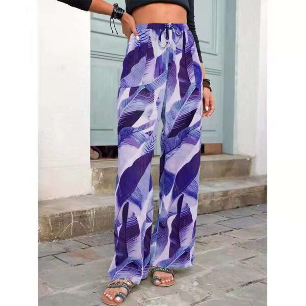 Fashion Drawstring Leaf Print Beach Pants Summer Casual Loose Wide Leg Straight Trousers Womens Clothing - Image 2
