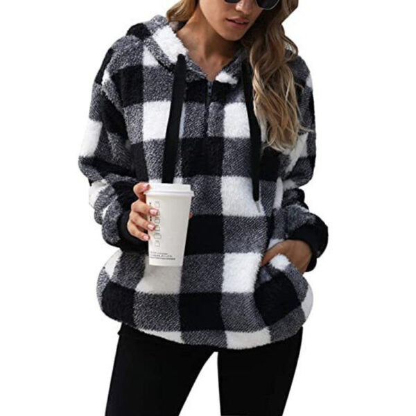 Fashion Plaid Hooded Sweatshirt With Pockets Casual Zipper Plush Tops For Womens Clothing - Image 2