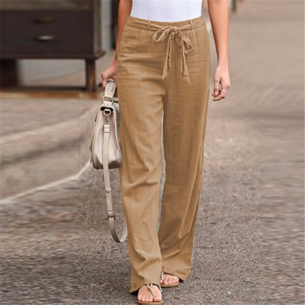 European And American Cotton And Linen Casual Wide-leg Pure Color Elastic Waist Lace-up Loose Women's Trousers - Image 9