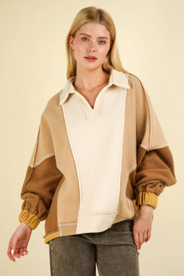 VERY J Color Block Johnny Collar Frenchy Terry Sweatshirt - Image 5