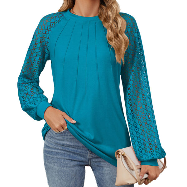 New Lace Long Sleeve Round Neck T-shirt Fashion Loose Solid Color Pullover Top For Womens Clothing - Image 4