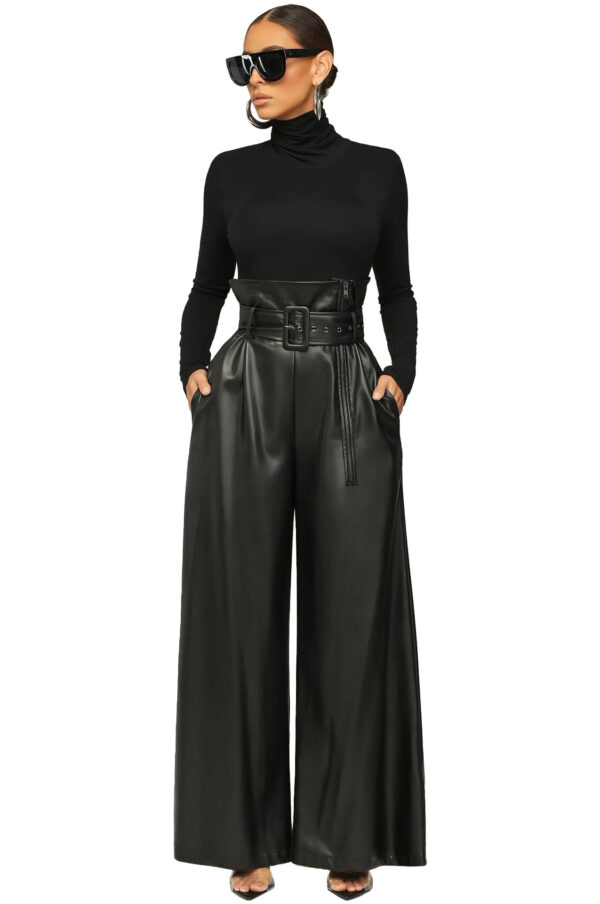 High Waist PU Leather Pants Metal Belt Wide Leg Trousers - Image 8