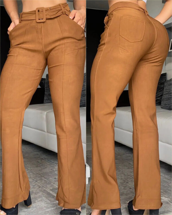 Women's Solid Color In Stock Slim-fit Trousers With Size Belt - Image 5