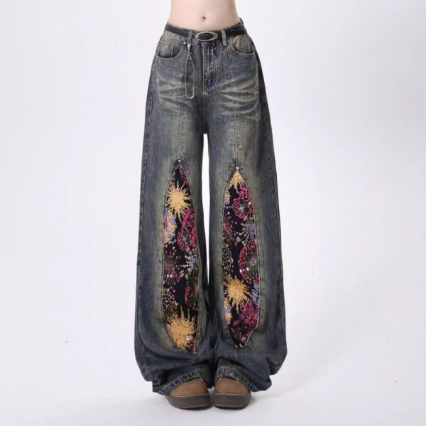 High Street Heavy Industry Fireworks Sequin Stitching Jeans Summer New - Image 3