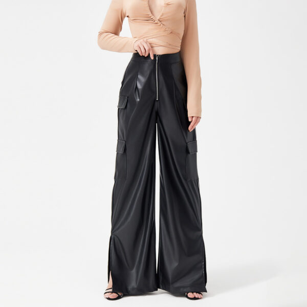 Fashion PU Trousers Metal Zipper Pocket Long Pants - Image 3