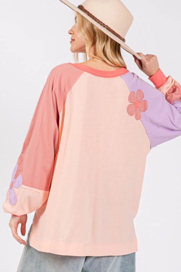 SAGE  FIG Full Size  Applique Patch Color Block Long Sleeve Top - Image 3