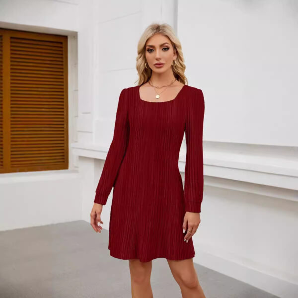 Woman Square-neck Lantern Sleeve Pocket Long Sleeve Dress - Image 6