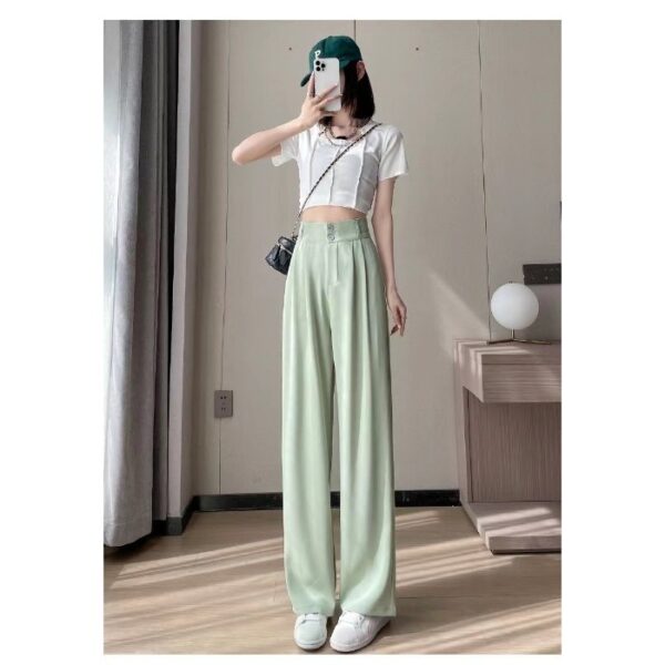 Green Ice Silk Wide-leg Pants Women's Summer Thin High Waist - Image 2