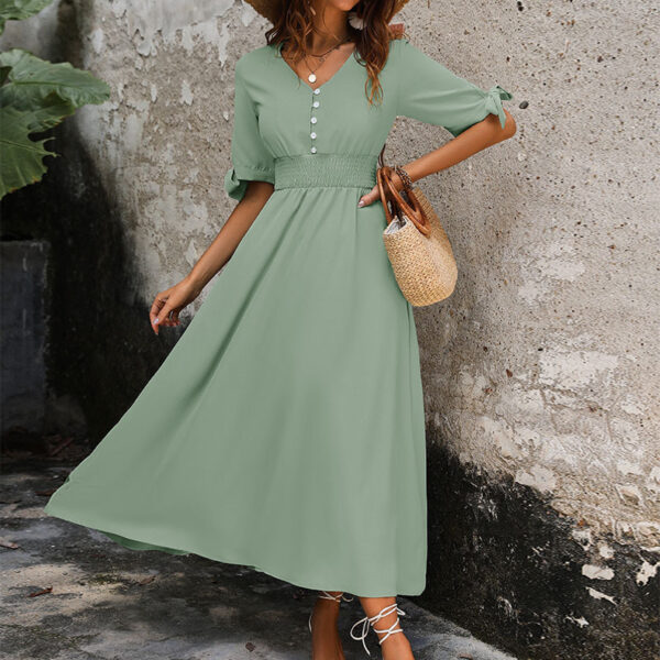 High Waist Smocking Buckle V-neck Women's Dress - Image 5