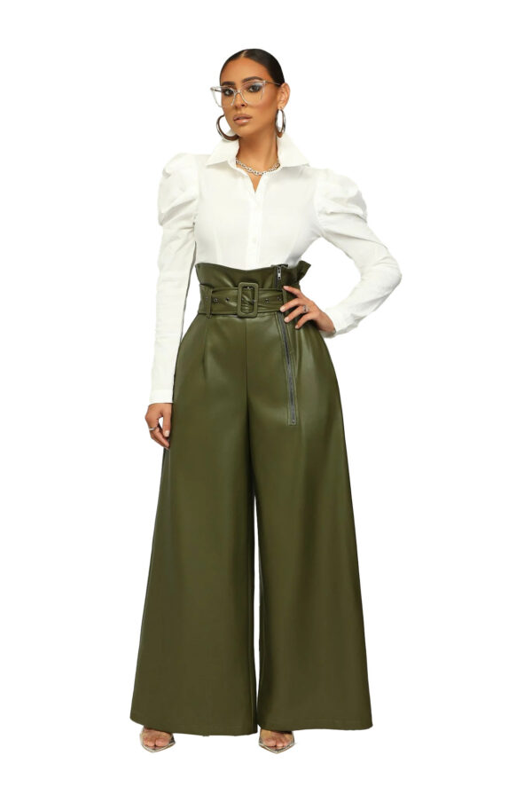 High Waist PU Leather Pants Metal Belt Wide Leg Trousers - Image 9