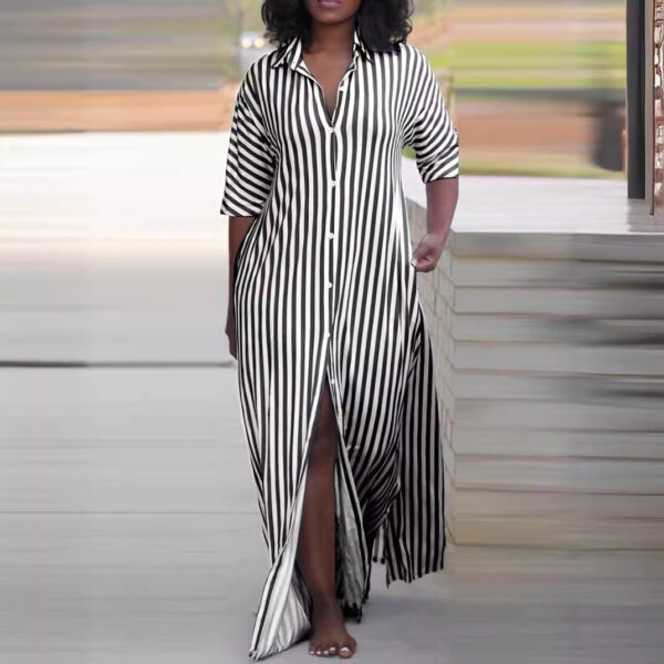 Loose V-neck Long Striped Shirt Dress Women - Image 5