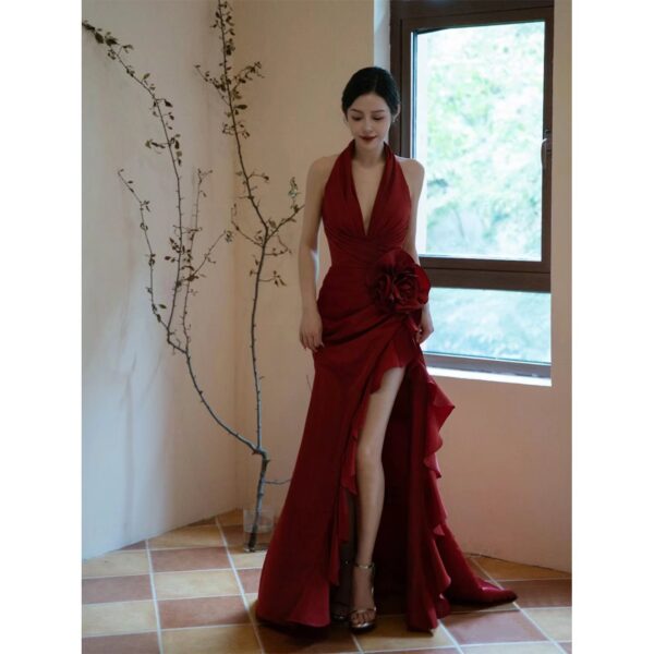 Socialite Style Wine Red Elegant Halter Bride Wedding Toast Dress - Image 3