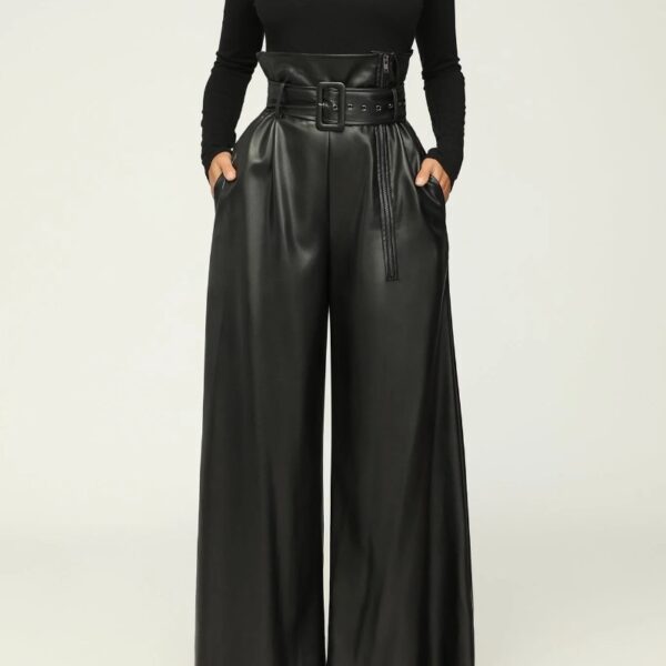 High Waist PU Leather Pants Metal Belt Wide Leg Trousers - Image 7