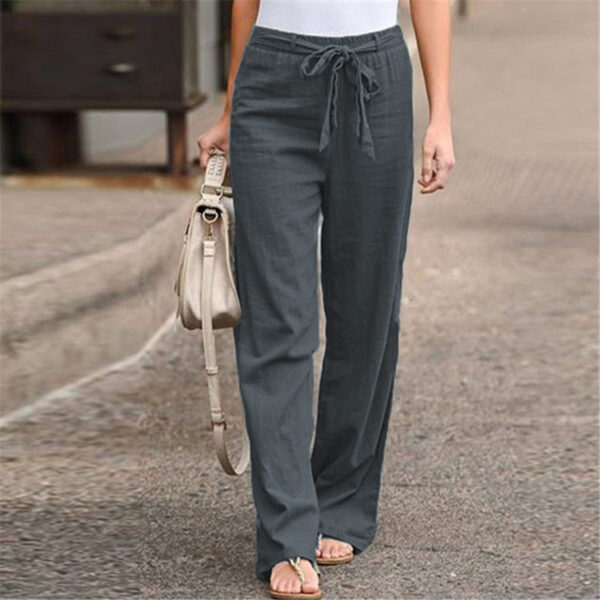 European And American Cotton And Linen Casual Wide-leg Pure Color Elastic Waist Lace-up Loose Women's Trousers - Image 6