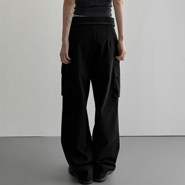 Solid Color Waist Cuff Lace Loose Cargo Pocket Lounge Pants - Image 3