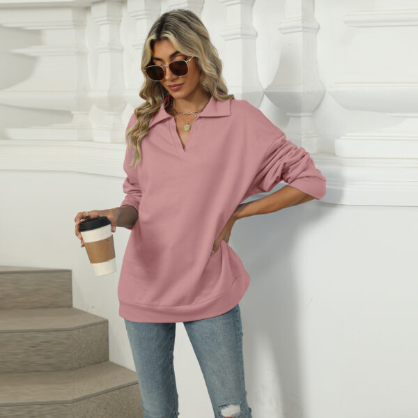 New Lapel V-neck Sweatshirt Fashion Casual Loose Solid Color  Long-sleeved Pullover Top For Womens Clothing - Image 3