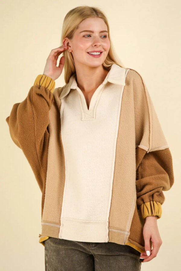 VERY J Color Block Johnny Collar Frenchy Terry Sweatshirt - Image 3