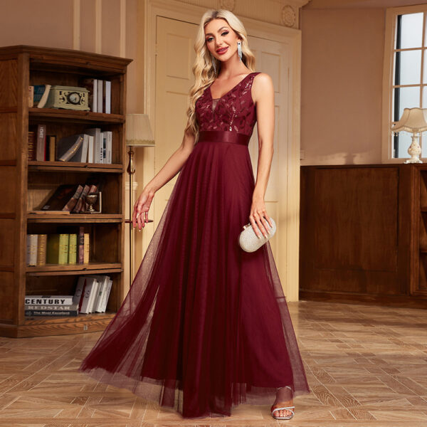 Patchwork Stretch Waist Sleeveless Double V-neck Evening Dress - Image 7