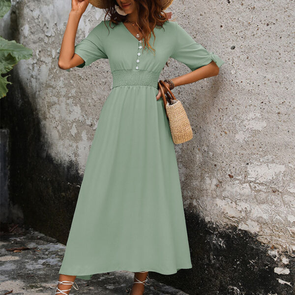 High Waist Smocking Buckle V-neck Women's Dress - Image 4