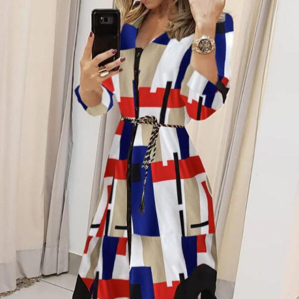 Printed Checks Lace-up Dress Women - Image 2