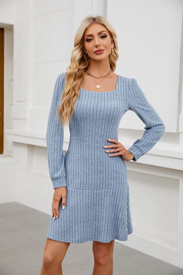 Woman Square-neck Lantern Sleeve Pocket Long Sleeve Dress - Image 2