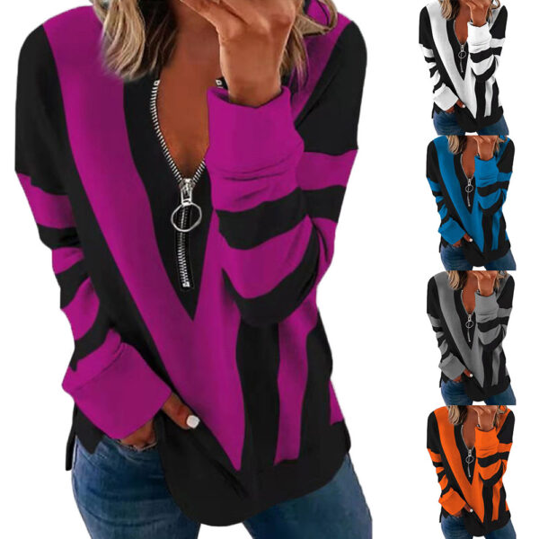 Printed Long Sleeve V-Neck Zip Casual Loose Sweatshirt - Image 4