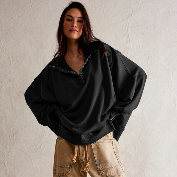Fashion Button Lapel Sweatshirt With Slit Design Casual Sports Lantern Sleeve Pullover Top Sportswear For Womens Clothing - Image 6