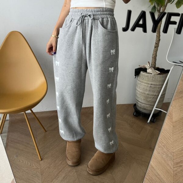 High Waist Elastic Bowknot Printing Plus Velvet Casual Pants - Image 3