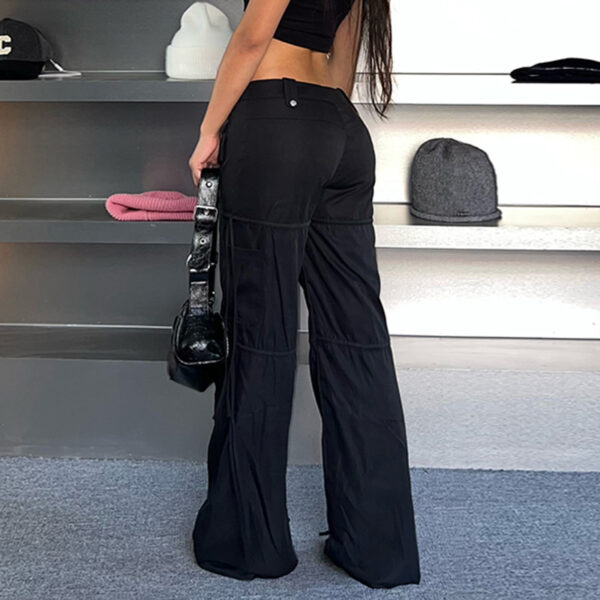 High Street Pocket Ribbon Stitching Straight Black Woven Pants - Image 4