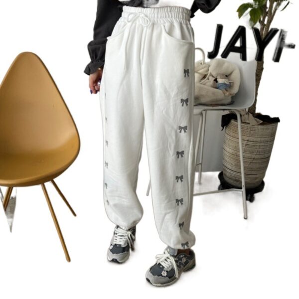 High Waist Elastic Bowknot Printing Plus Velvet Casual Pants - Image 2