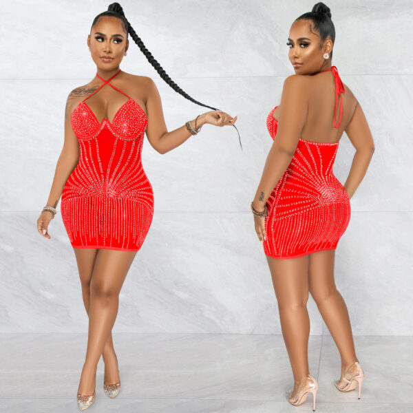 Sling Wrapped Chest Rhinestone Mesh Perspective Skirt Dress - Image 7