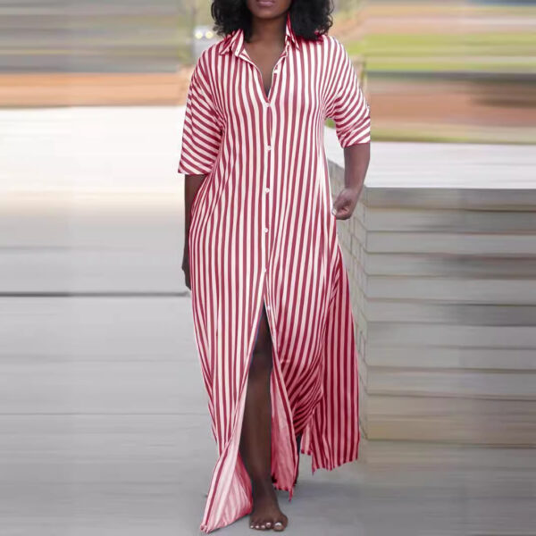 Loose V-neck Long Striped Shirt Dress Women - Image 8
