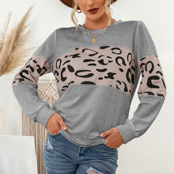 Knitted Leopard Print Pullover Round Neck Contrast Color Patchwork Sweatshirt Women - Image 3