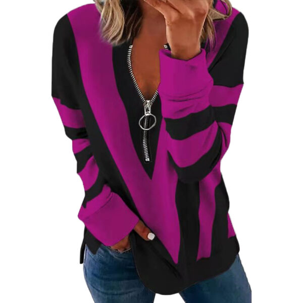 Printed Long Sleeve V-Neck Zip Casual Loose Sweatshirt - Image 6