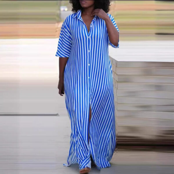Loose V-neck Long Striped Shirt Dress Women - Image 9