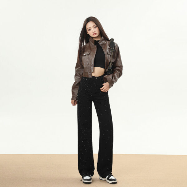 Winter Trend Rhinestone White Soft Wide Leg Mopping Jeans Trousers Lengthened - Image 4