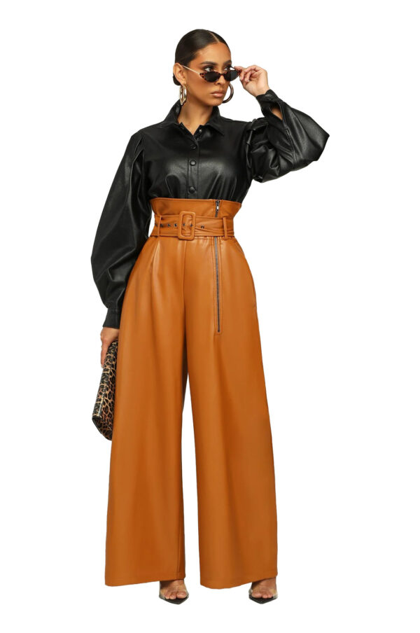 High Waist PU Leather Pants Metal Belt Wide Leg Trousers - Image 5