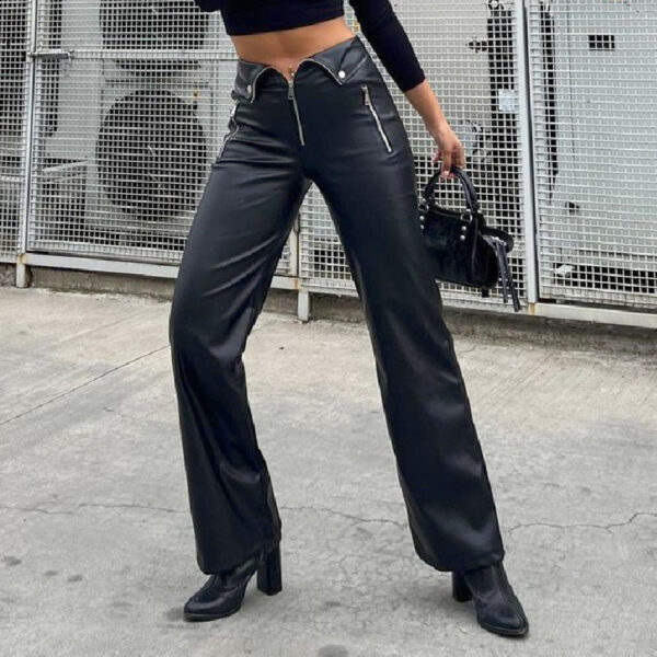 High Waist Straight Loose Wide Leg Casual Pants Leather Pants - Image 3