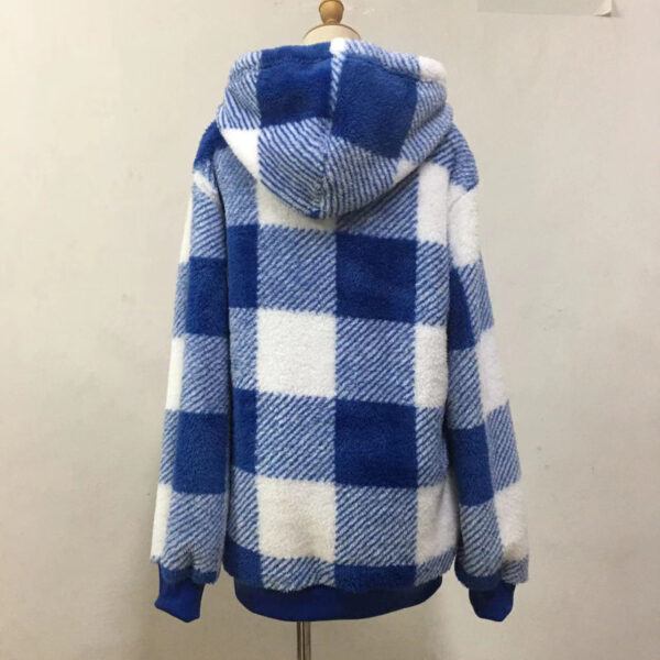 Fashion Plaid Hooded Sweatshirt With Pockets Casual Zipper Plush Tops For Womens Clothing - Image 7