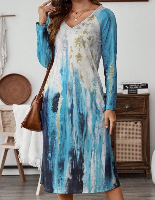 V-neck Printing Fashion Mid-length Dress Women - Image 4