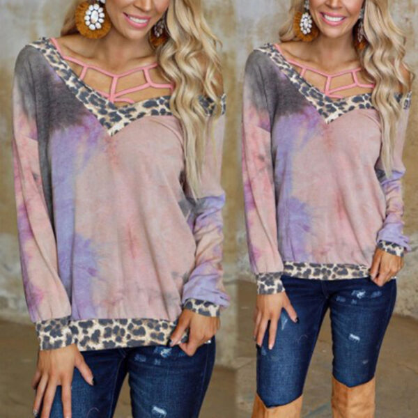 Tie-Dye Printed Leopard Print Stitching Long-Sleeved Sweatshirt - Image 3