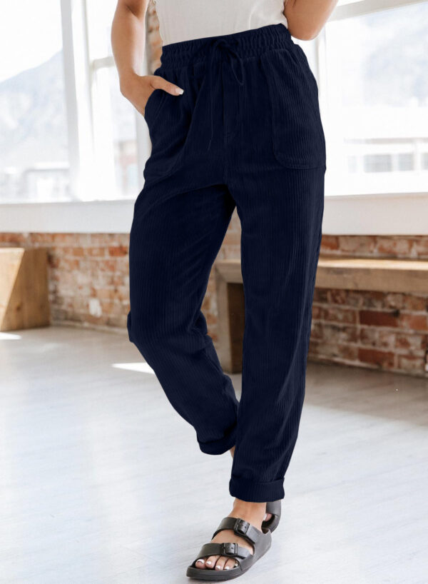 Corduroy Trousers For Women Casual Fashion Solid Color Elastic Waist Wide Leg Pants With Pockets - Image 5