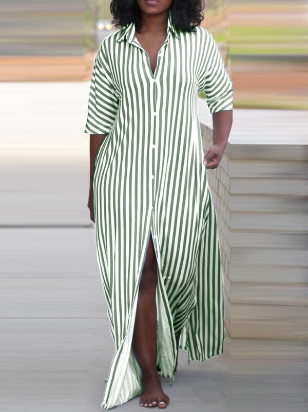 Loose V-neck Long Striped Shirt Dress Women - Image 10