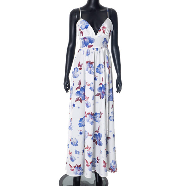Sexy V-neck Spaghetti Straps Sleeveless Backless Print Long Dress - Image 4