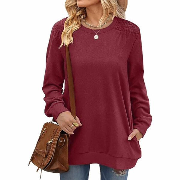 Fashion Long Sleeve Pullover Sweatshirt With Pockets Casual Loose Solid Color Top Womens Clothing - Image 3