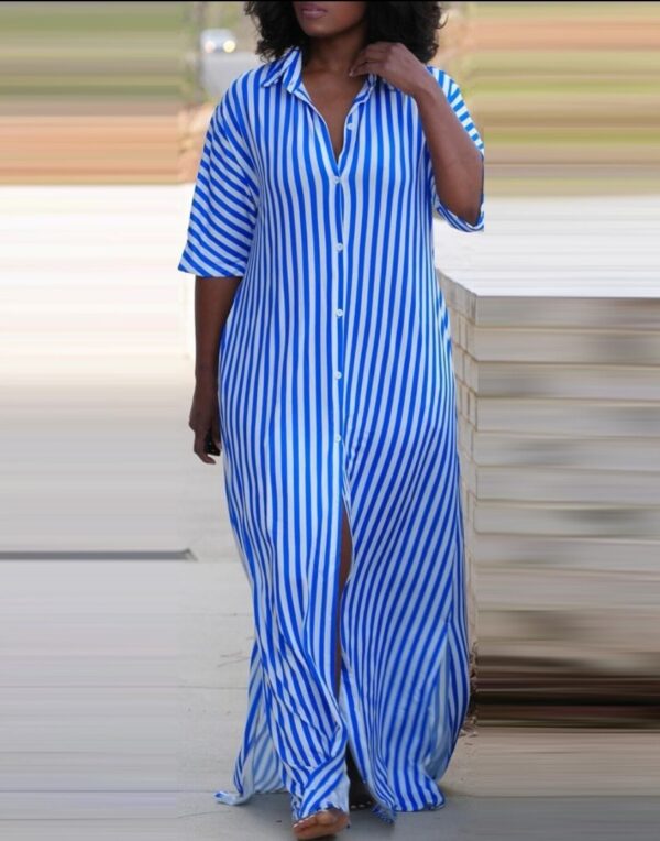Loose V-neck Long Striped Shirt Dress Women - Image 2