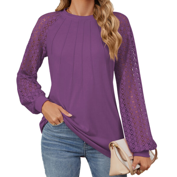 New Lace Long Sleeve Round Neck T-shirt Fashion Loose Solid Color Pullover Top For Womens Clothing - Image 5