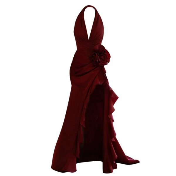 Socialite Style Wine Red Elegant Halter Bride Wedding Toast Dress - Image 10